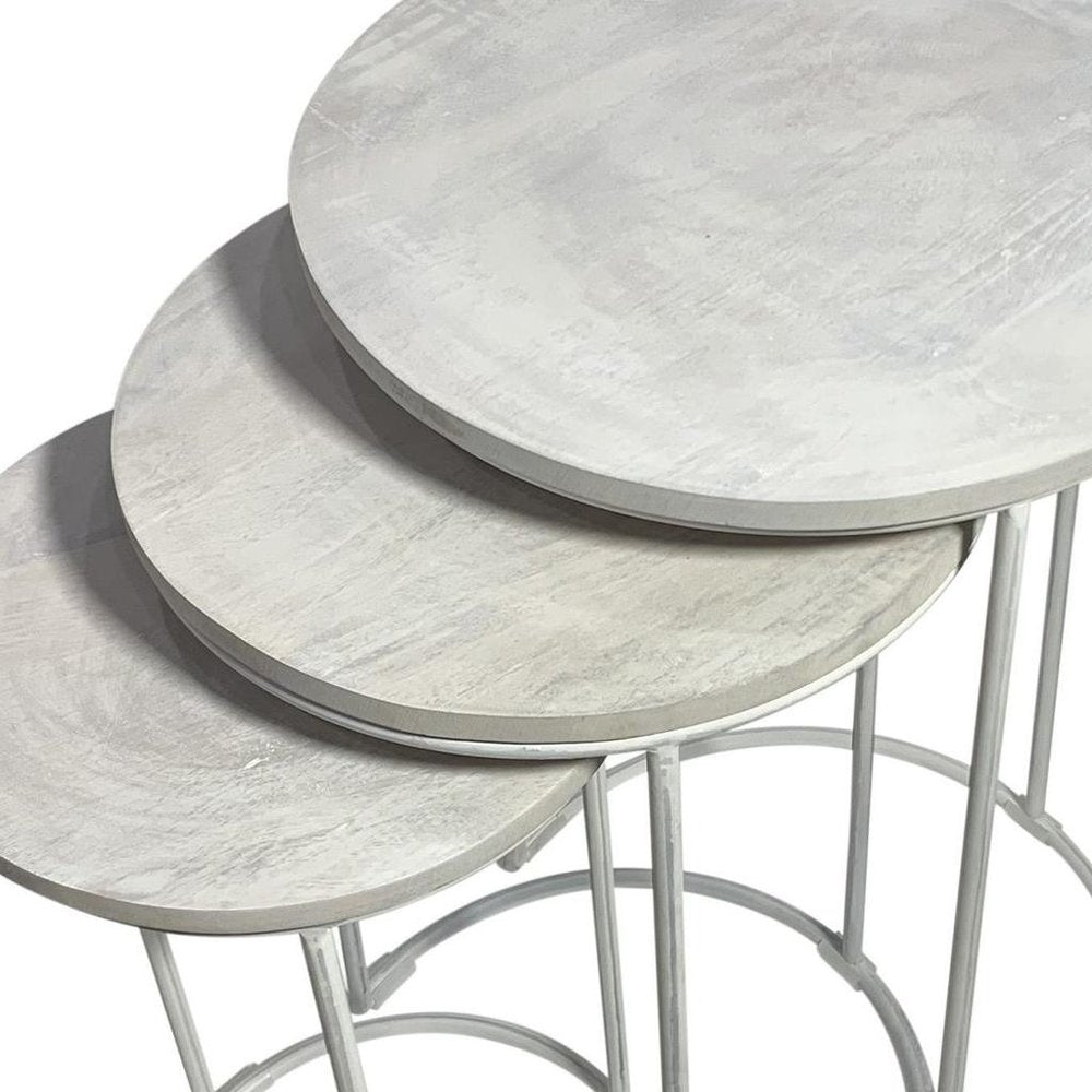 Set of Two White Solid Wood and Metal Round Frame Nested Tables