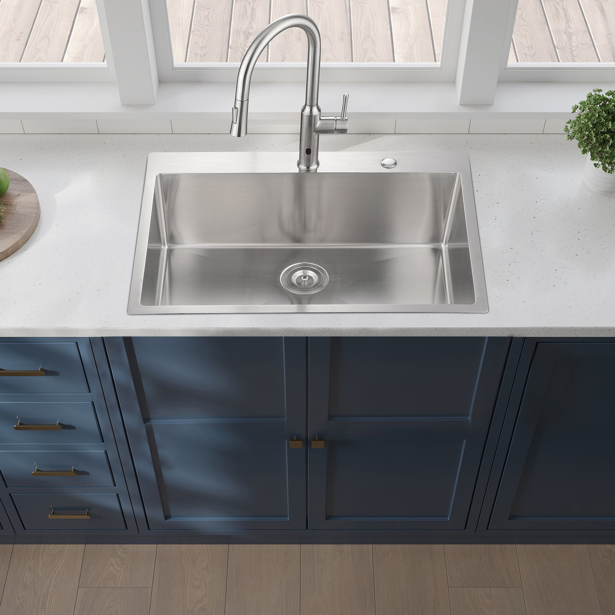 Drop-in stainless steel kitchen sink with single bowl, by Anthony & Home, shown installed in a modern kitchen setup.