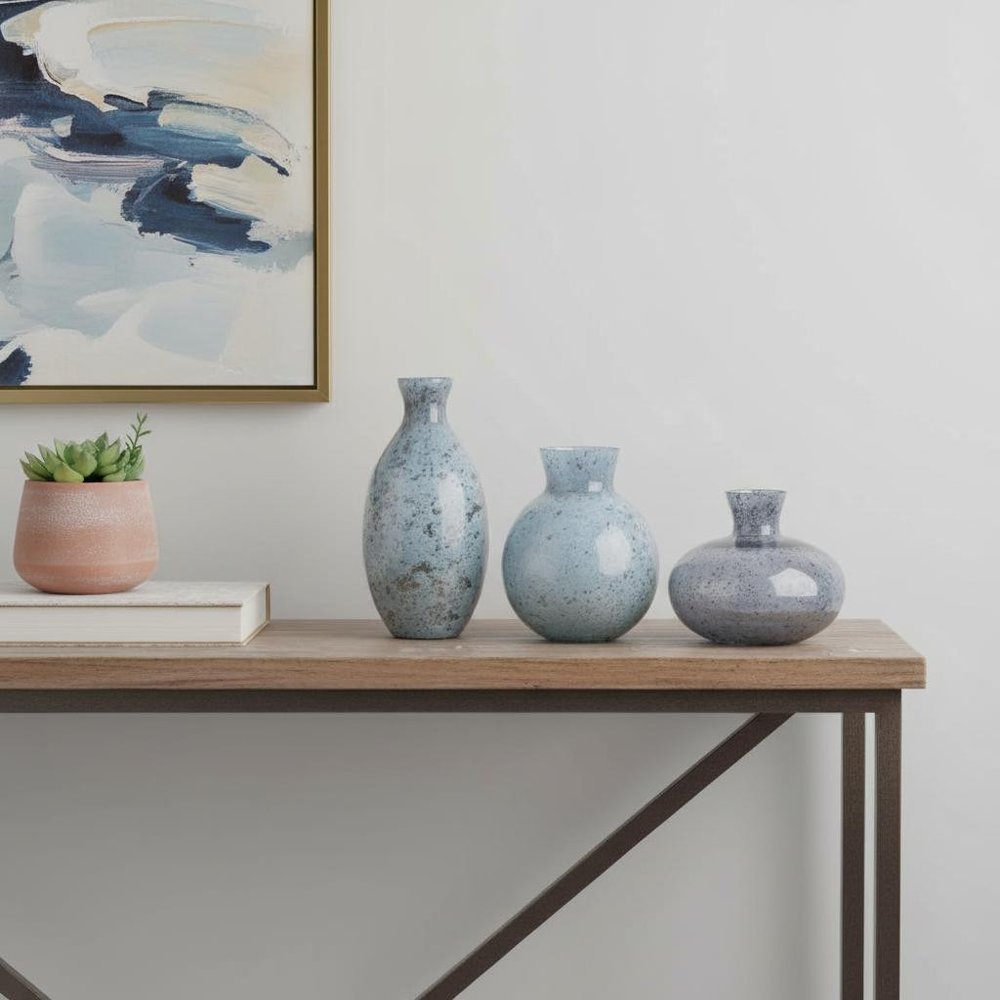 Set of Three Blue And Gray Seeded Glass Table Vases