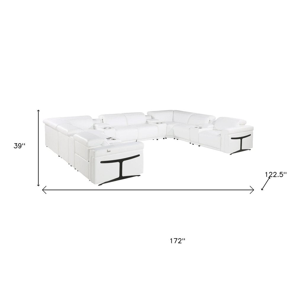 White Italian Leather Power Reclining U Shaped Twelve Piece Sectional With Console