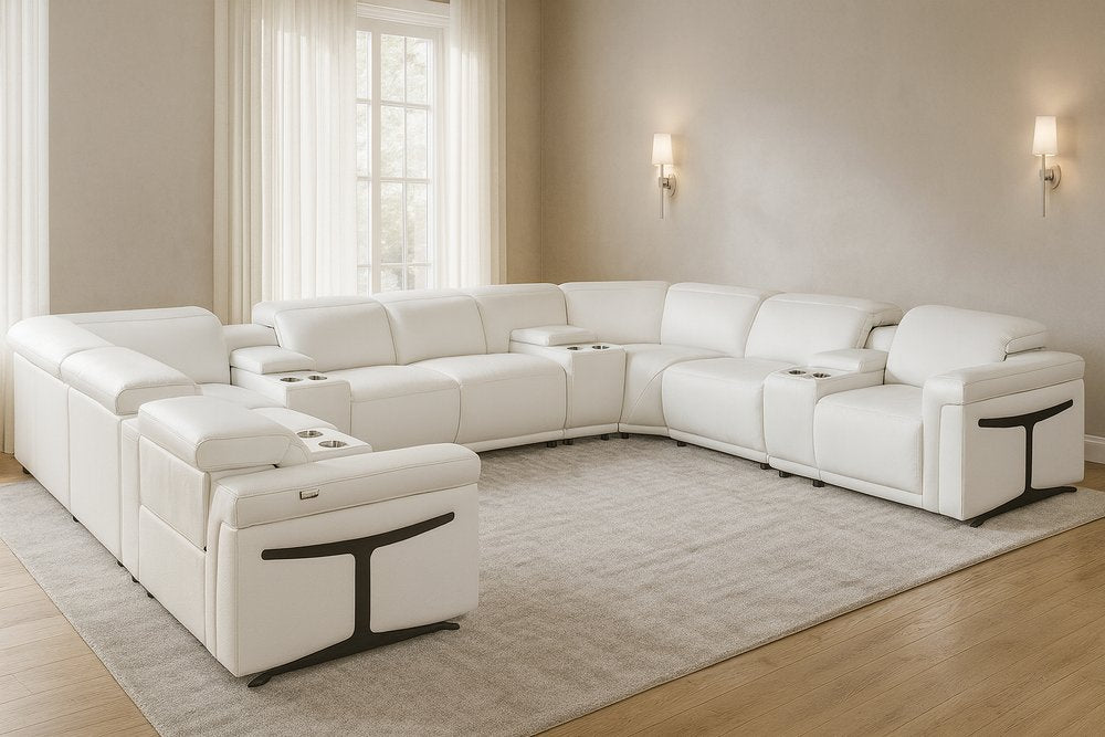 White Italian Leather Power Reclining U Shaped Twelve Piece Sectional With Console