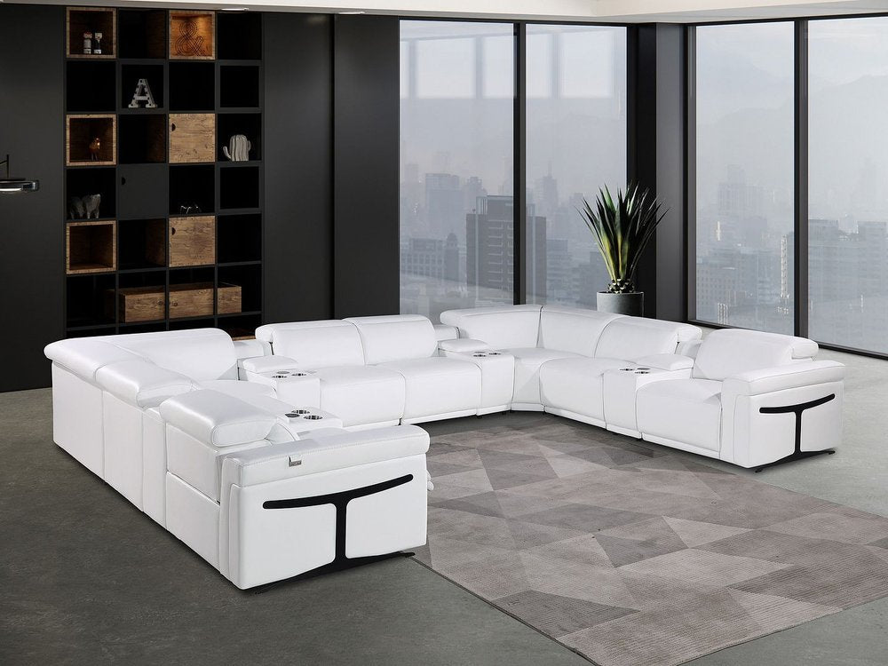 White Italian Leather Power Reclining U Shaped Twelve Piece Sectional With Console