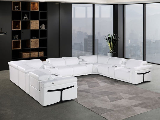 White Italian Leather Power Reclining U Shaped Twelve Piece Sectional With Console