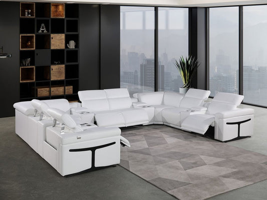 White Italian Leather Power Reclining U Shaped Twelve Piece Sectional With Console