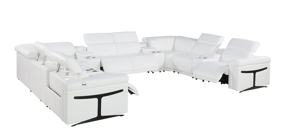 White Italian Leather Power Reclining U Shaped Twelve Piece Sectional With Console