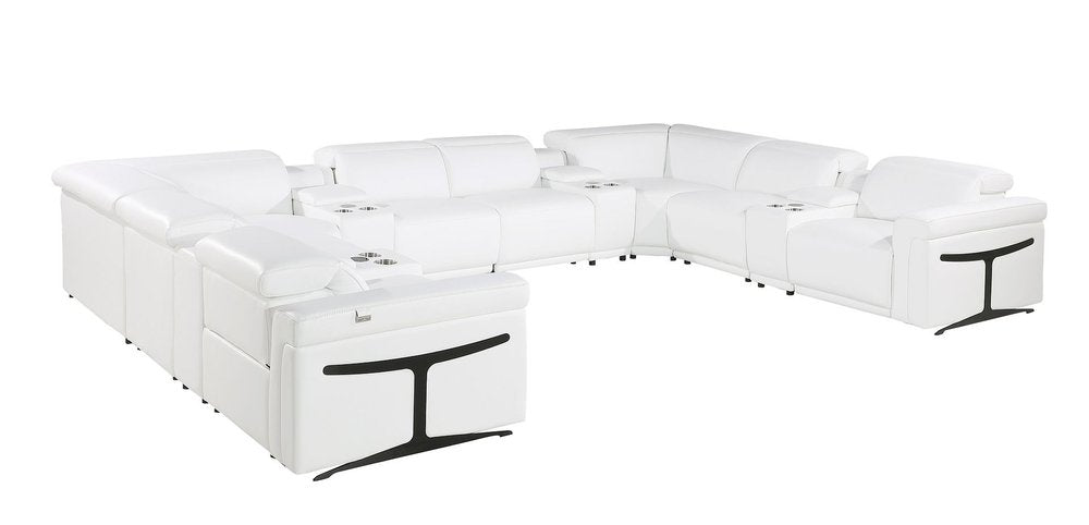 White Italian Leather Power Reclining U Shaped Twelve Piece Sectional With Console