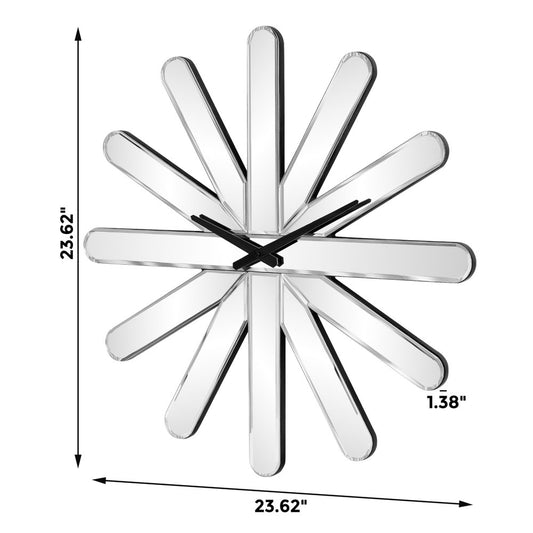 26" Silver Mirrored Glass Silent Analog Starburst Wall Clock