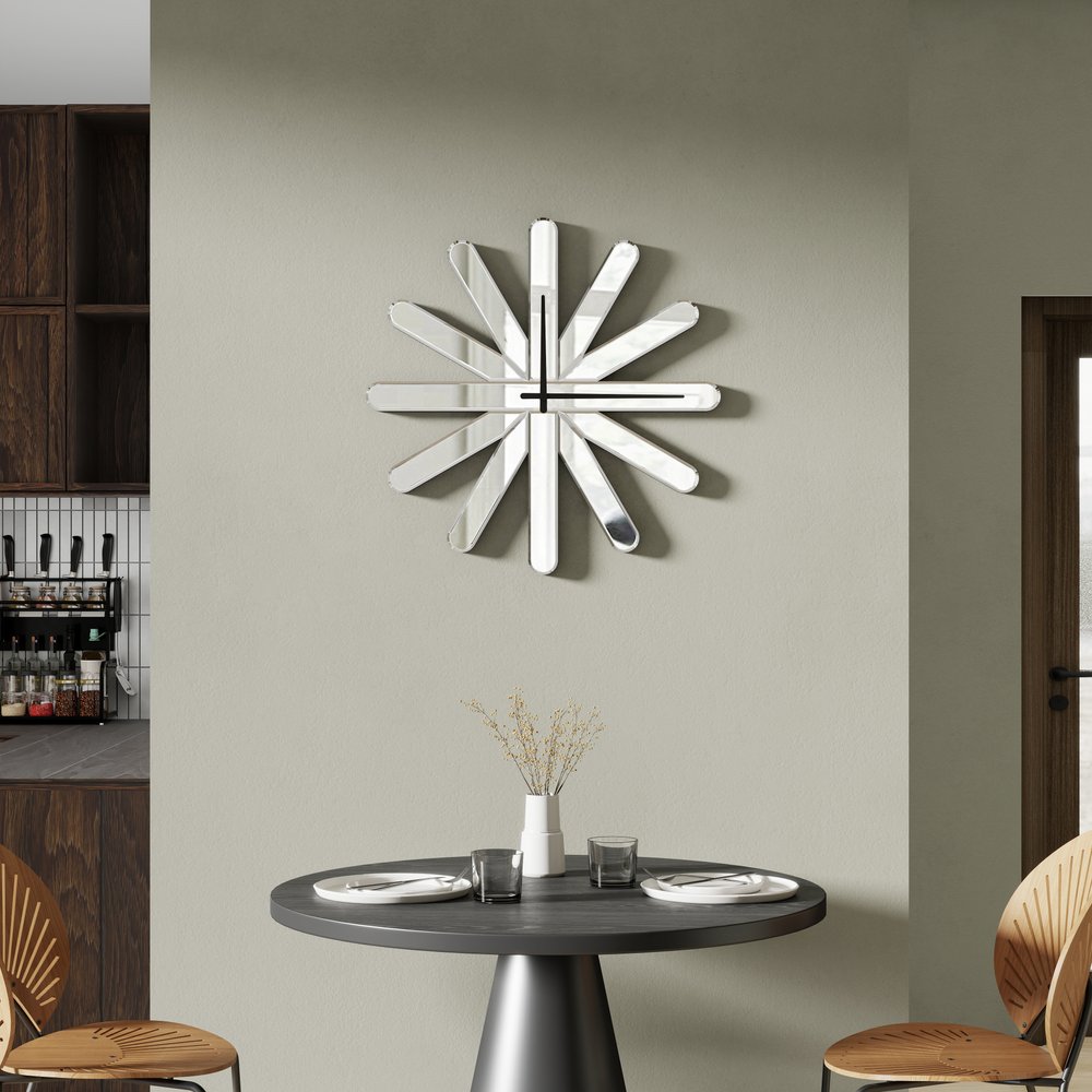 26" Silver Mirrored Glass Silent Analog Starburst Wall Clock