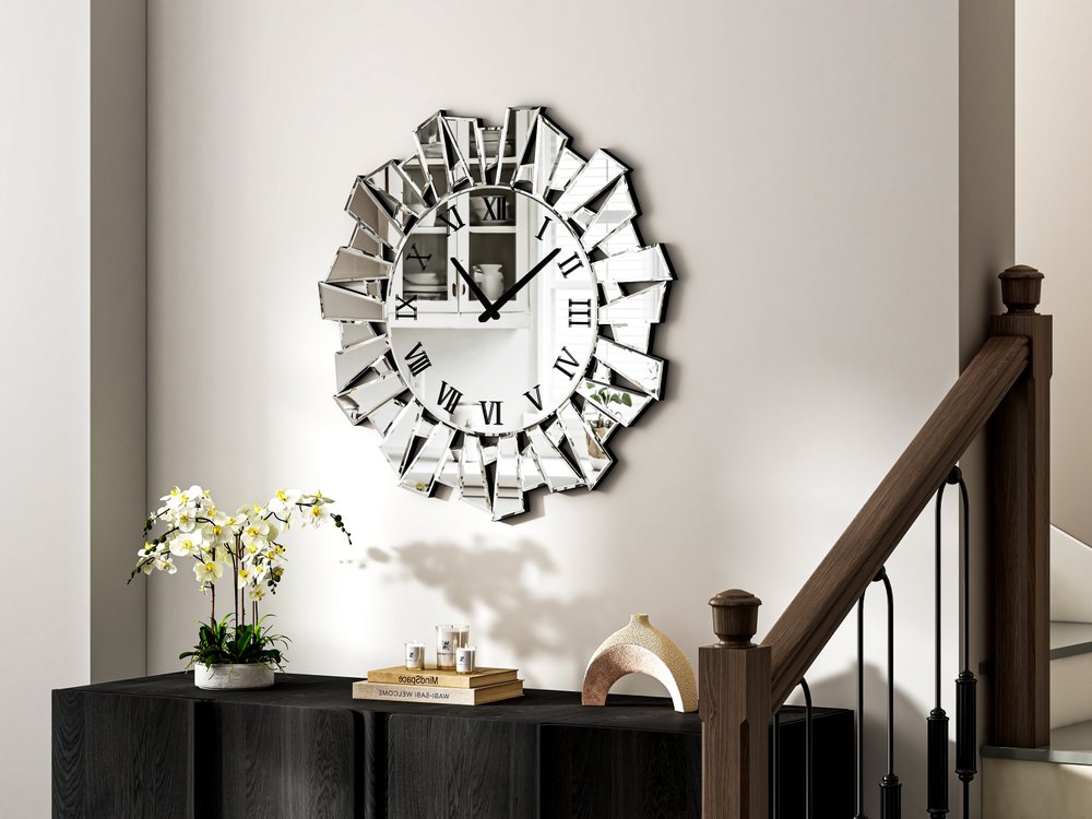 27" Silver Mirrored Glass Silent Analog Sunburst Wall Clock