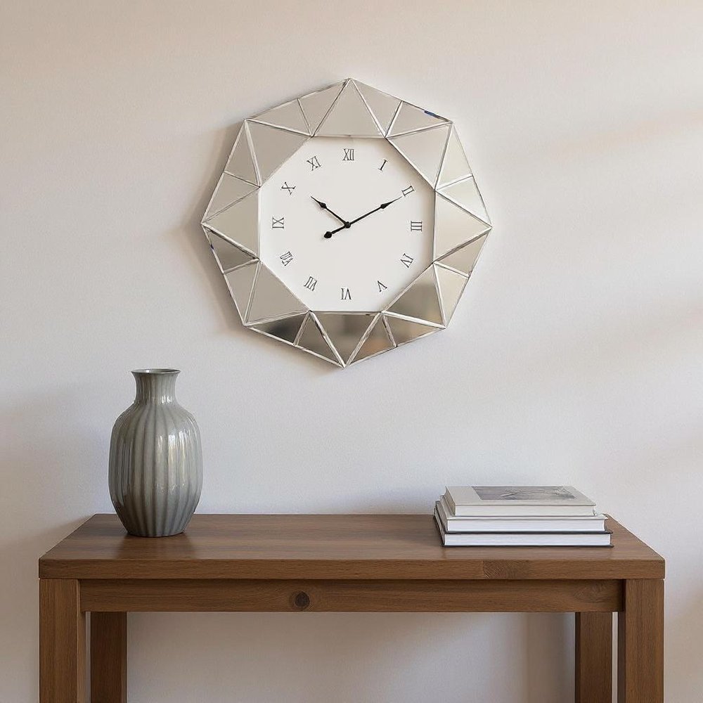 26" Silver Mirrored Glass Silent Analog Geometric Wall Clock
