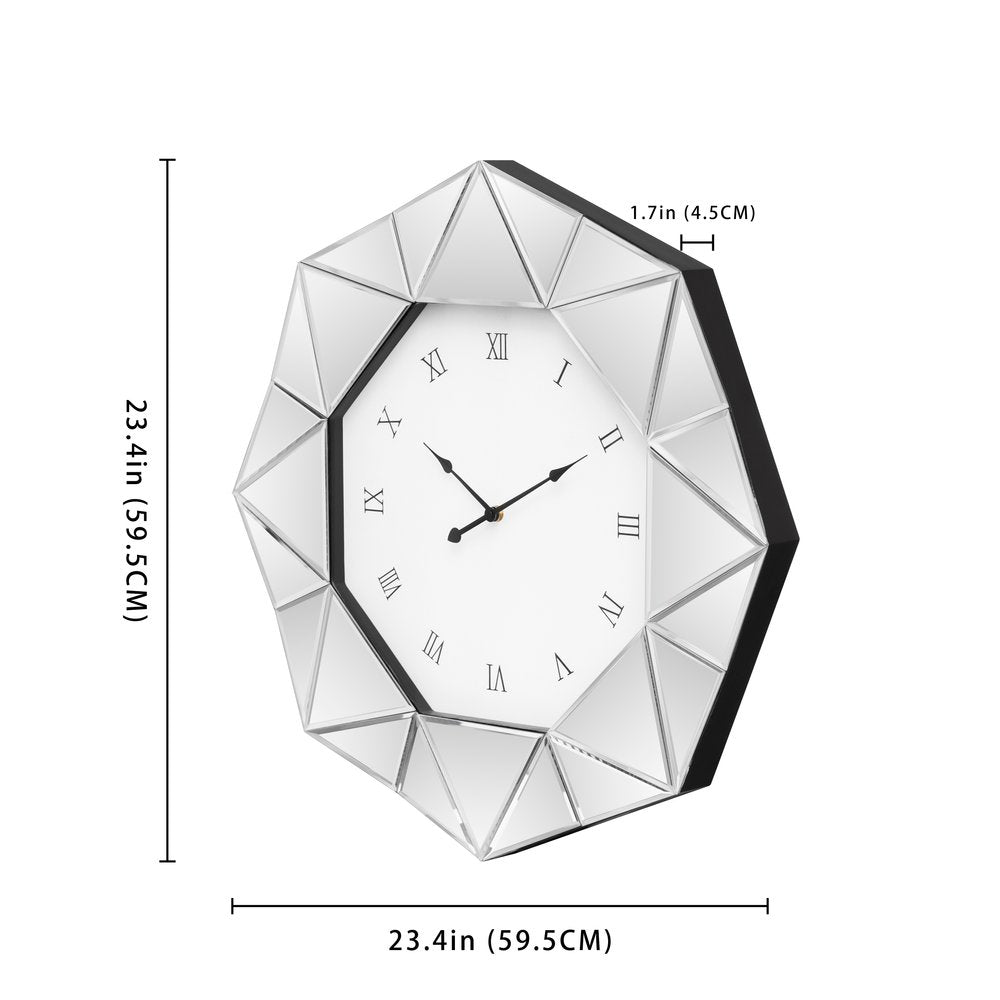 26" Silver Mirrored Glass Silent Analog Geometric Wall Clock