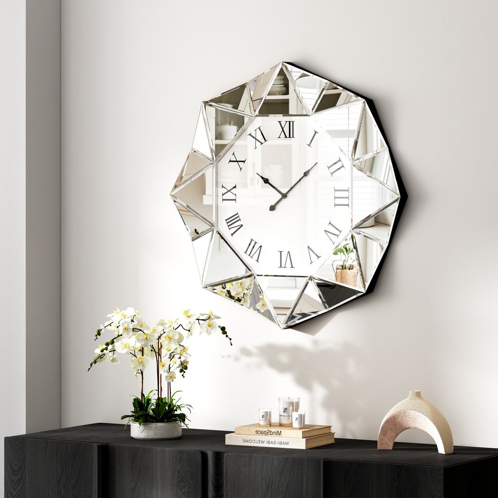 26" Silver Mirrored Glass Silent Analog Geometric Wall Clock