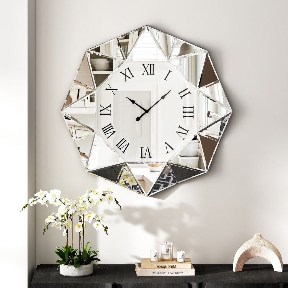 26" Silver Mirrored Glass Silent Analog Geometric Wall Clock