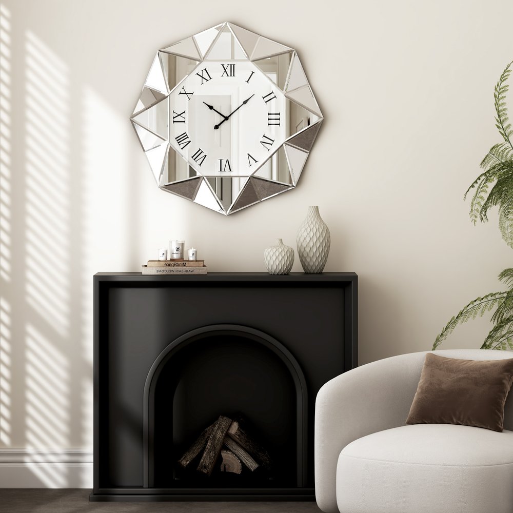 26" Silver Mirrored Glass Silent Analog Geometric Wall Clock