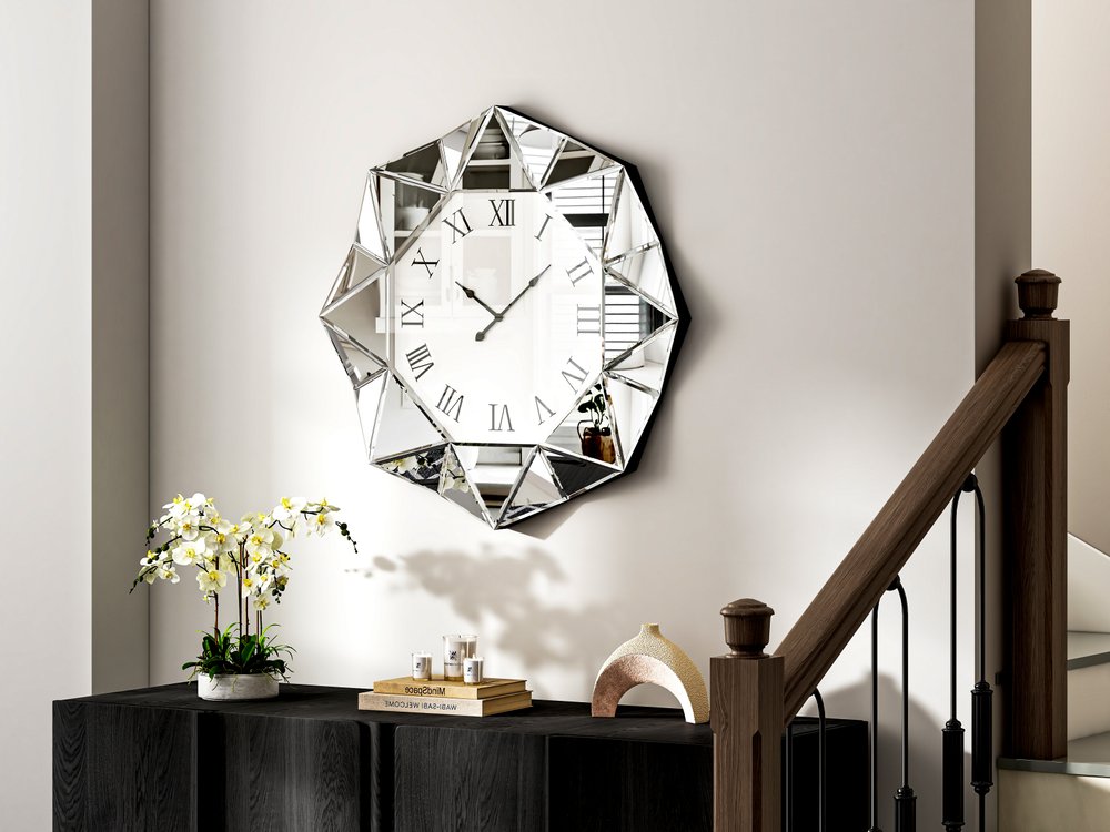 26" Silver Mirrored Glass Silent Analog Geometric Wall Clock
