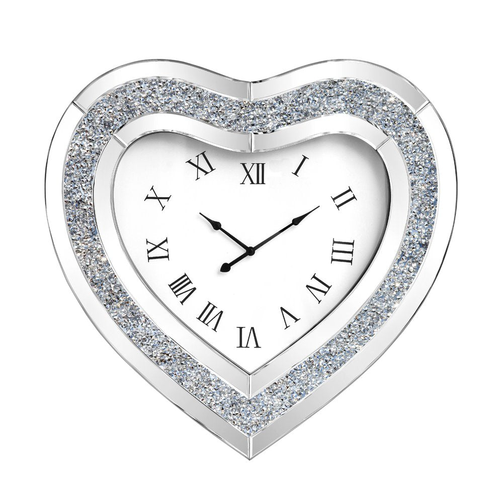27" Silver Faux Crystal And Mirrored Glass Silent Analog Heart Wall Clock