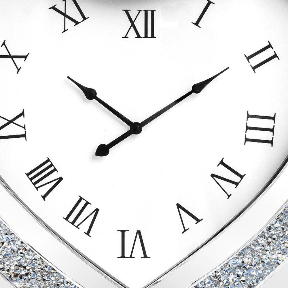 27" Silver Faux Crystal And Mirrored Glass Silent Analog Heart Wall Clock