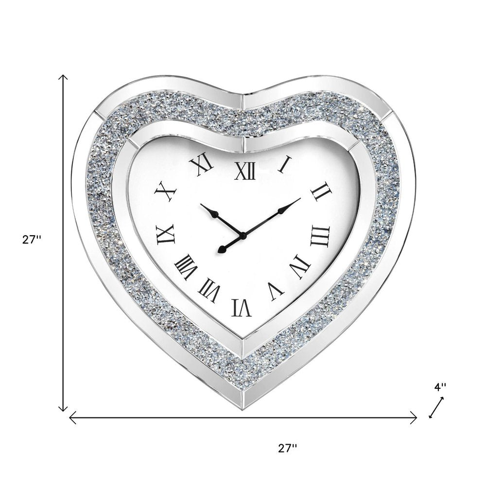 27" Silver Faux Crystal And Mirrored Glass Silent Analog Heart Wall Clock