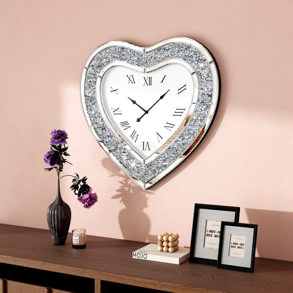 27" Silver Faux Crystal And Mirrored Glass Silent Analog Heart Wall Clock