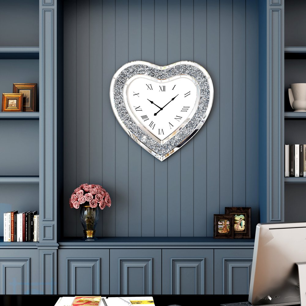 27" Silver Faux Crystal And Mirrored Glass Silent Analog Heart Wall Clock