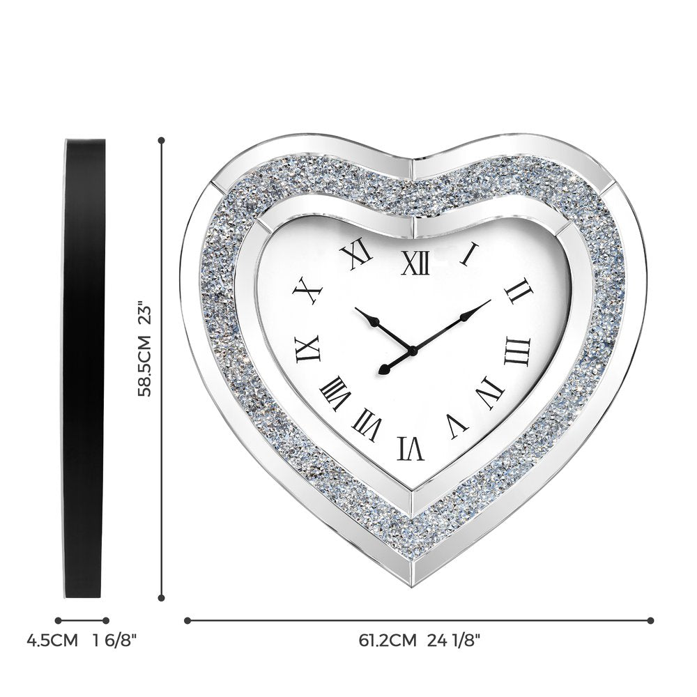 27" Silver Faux Crystal And Mirrored Glass Silent Analog Heart Wall Clock
