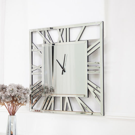 27" Silver Mirrored Glass Silent Analog Square Wall Clock