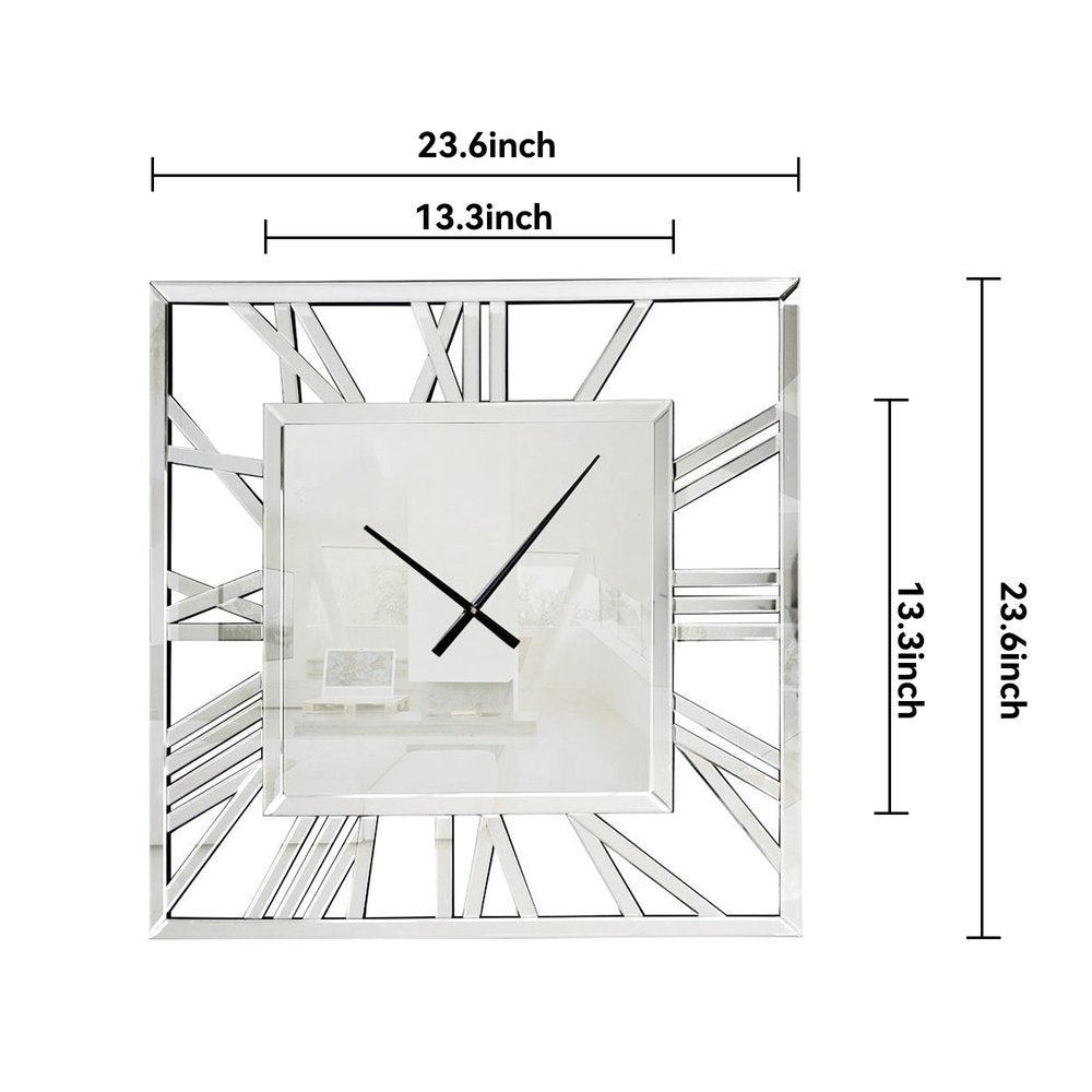 27" Silver Mirrored Glass Silent Analog Square Wall Clock