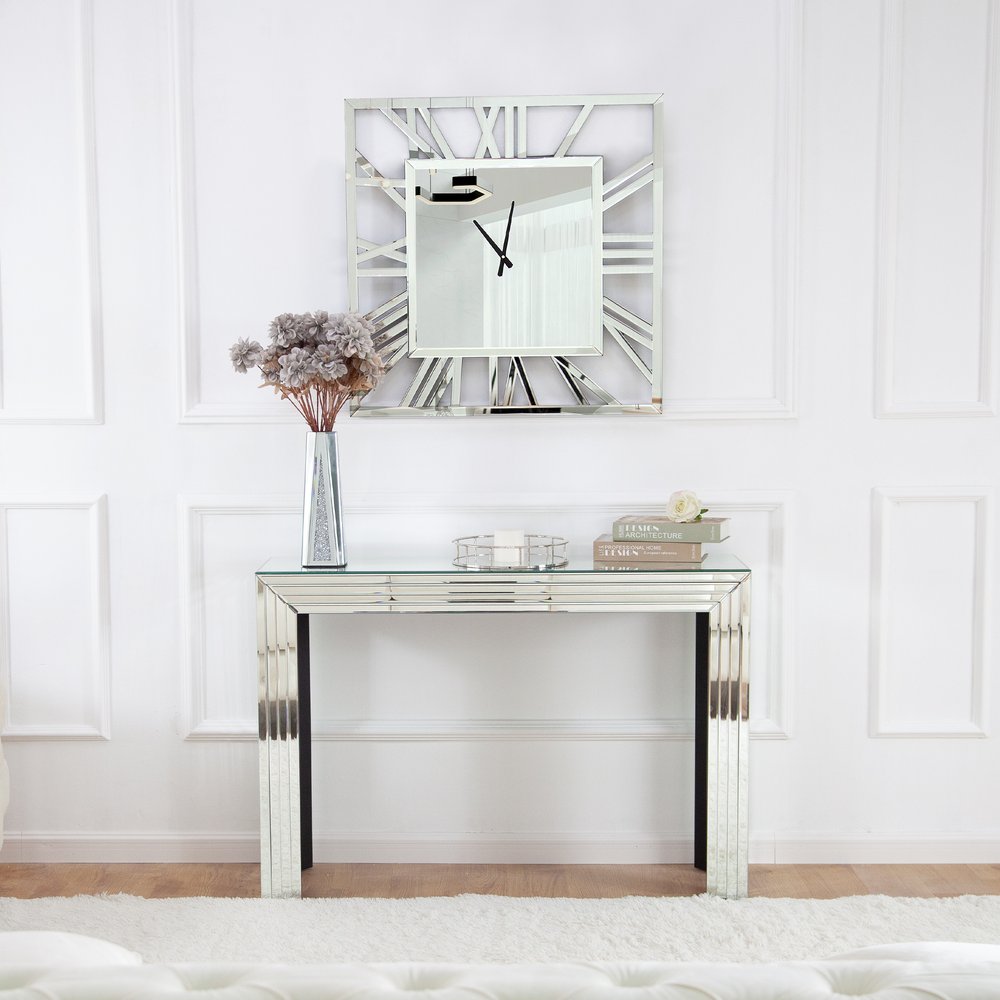 27" Silver Mirrored Glass Silent Analog Square Wall Clock