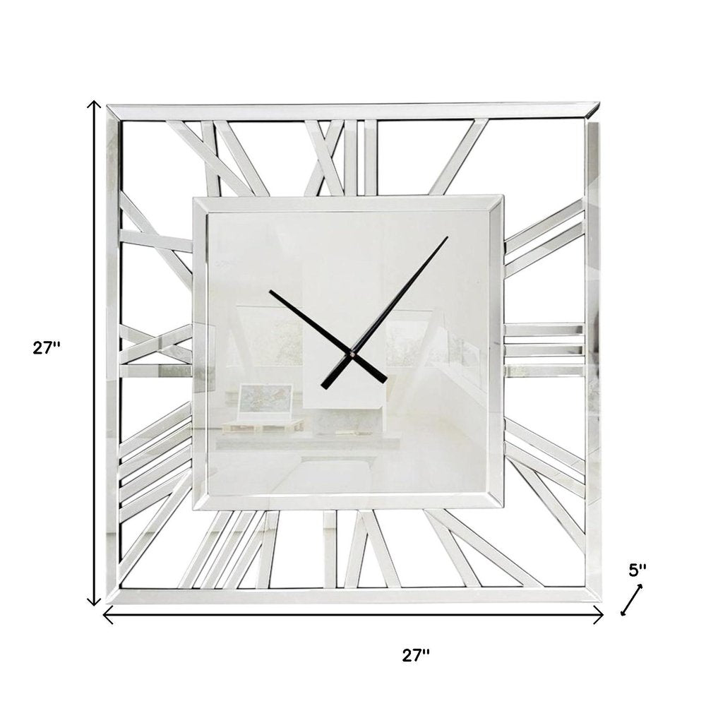 27" Silver Mirrored Glass Silent Analog Square Wall Clock
