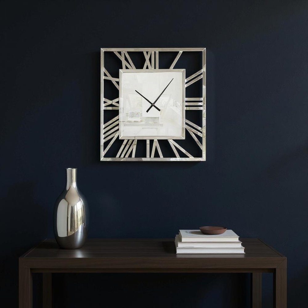 27" Silver Mirrored Glass Silent Analog Square Wall Clock