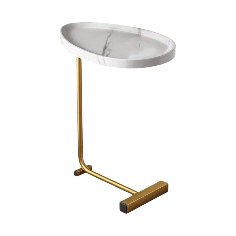 Set of Two White and Gold Faux Marble and Metal Oval End Tables