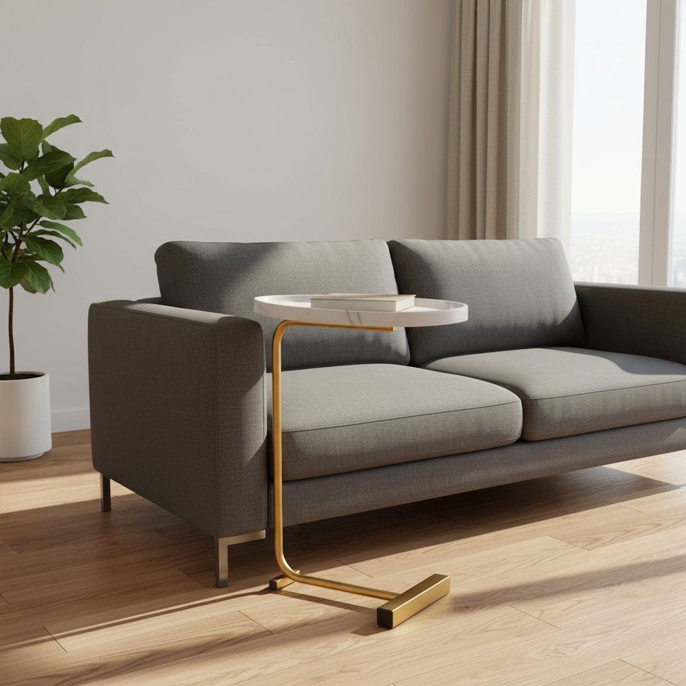 Set of Two White and Gold Faux Marble and Metal Oval End Tables