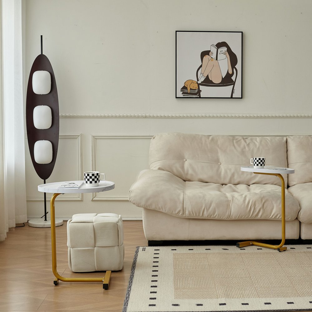 Set of Two White and Gold Faux Marble and Metal Oval End Tables