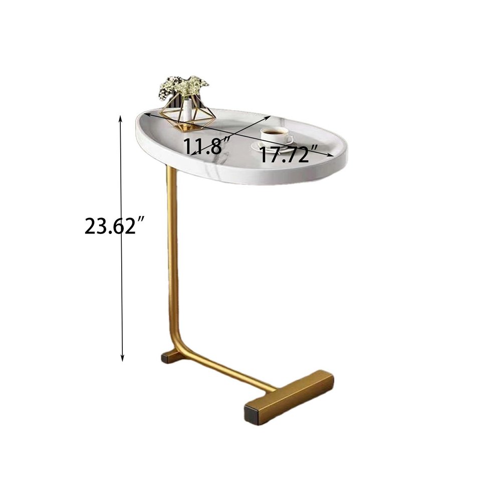 Set of Two White and Gold Faux Marble and Metal Oval End Tables