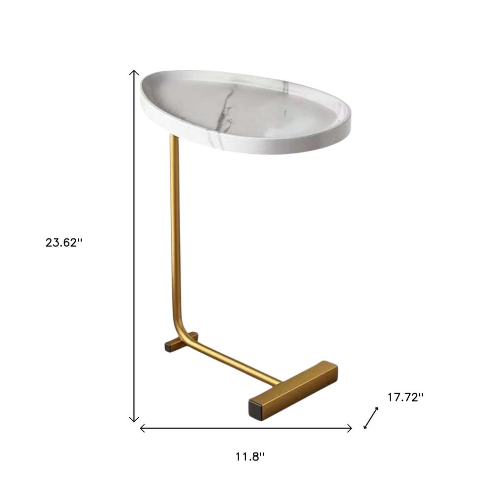 Set of Two White and Gold Faux Marble and Metal Oval End Tables