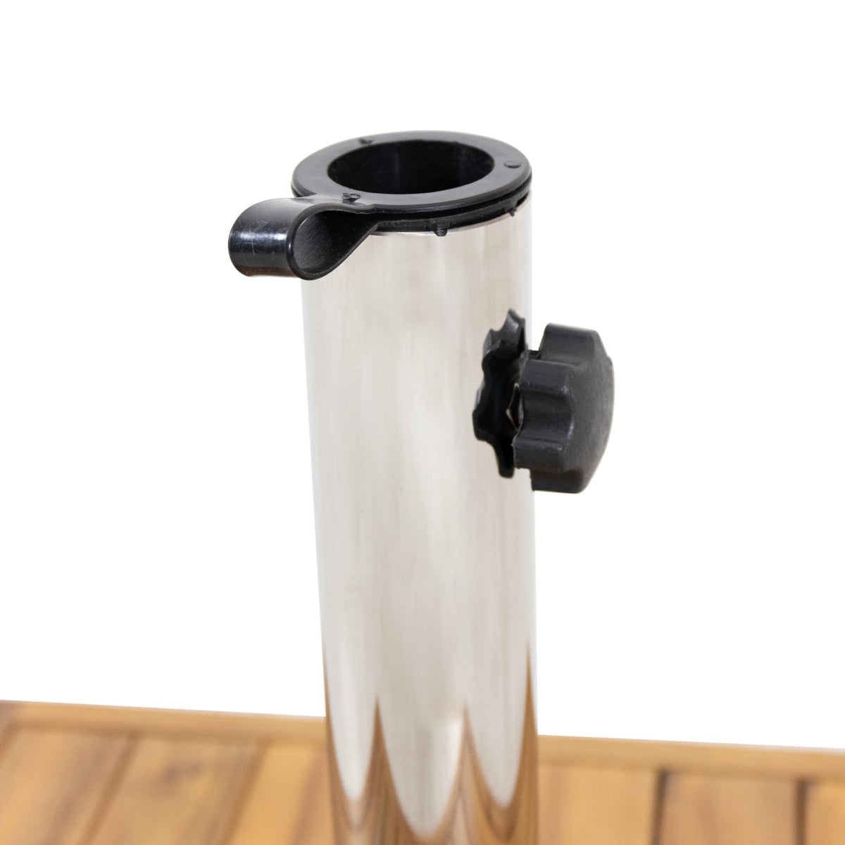 Anthony & Home Ralph Square Teak Umbrella Base with sturdy design and natural wood finish for outdoor patio umbrellas.