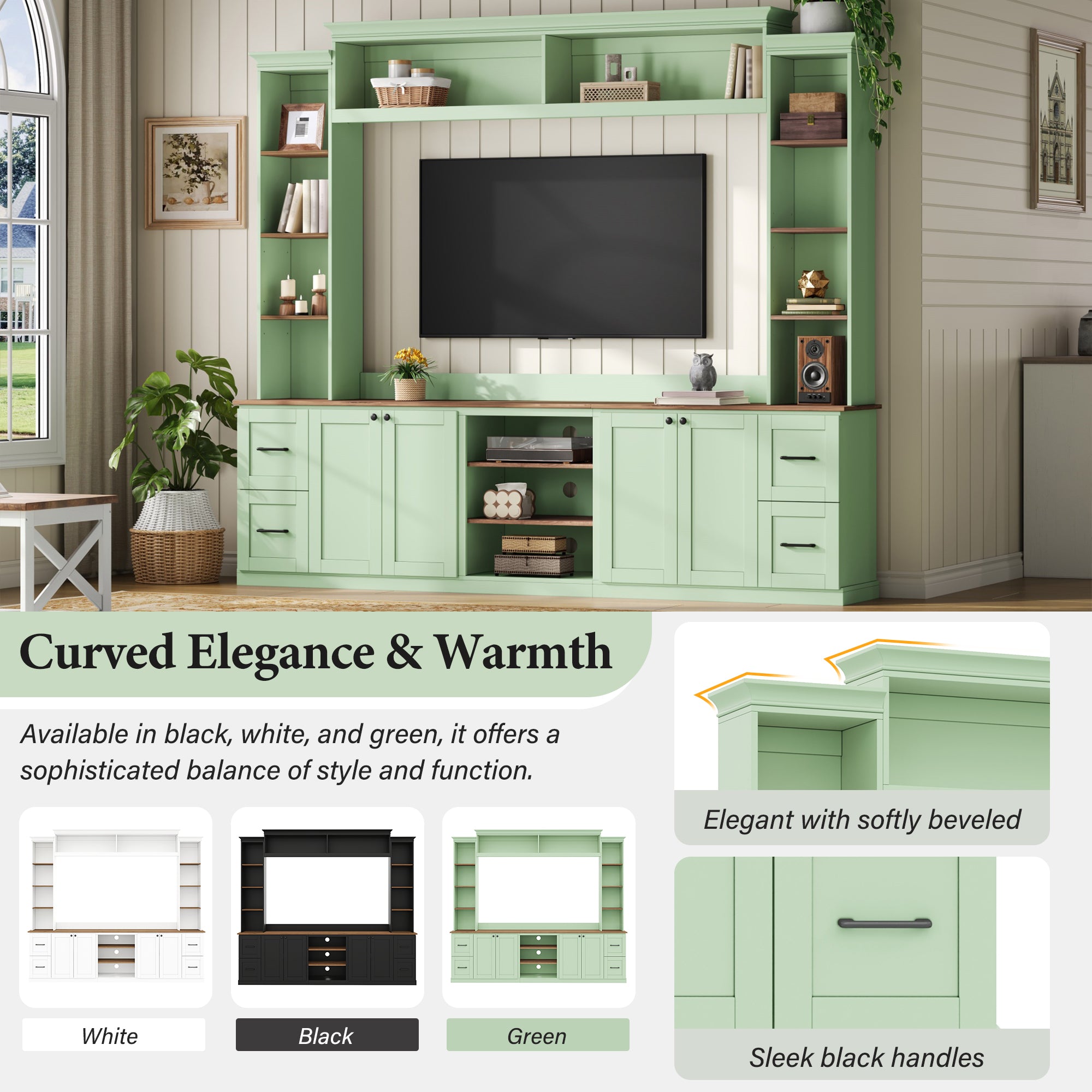 Walnut-accented mint green Anthony & Home entertainment console with storage compartments and sleek modern design.