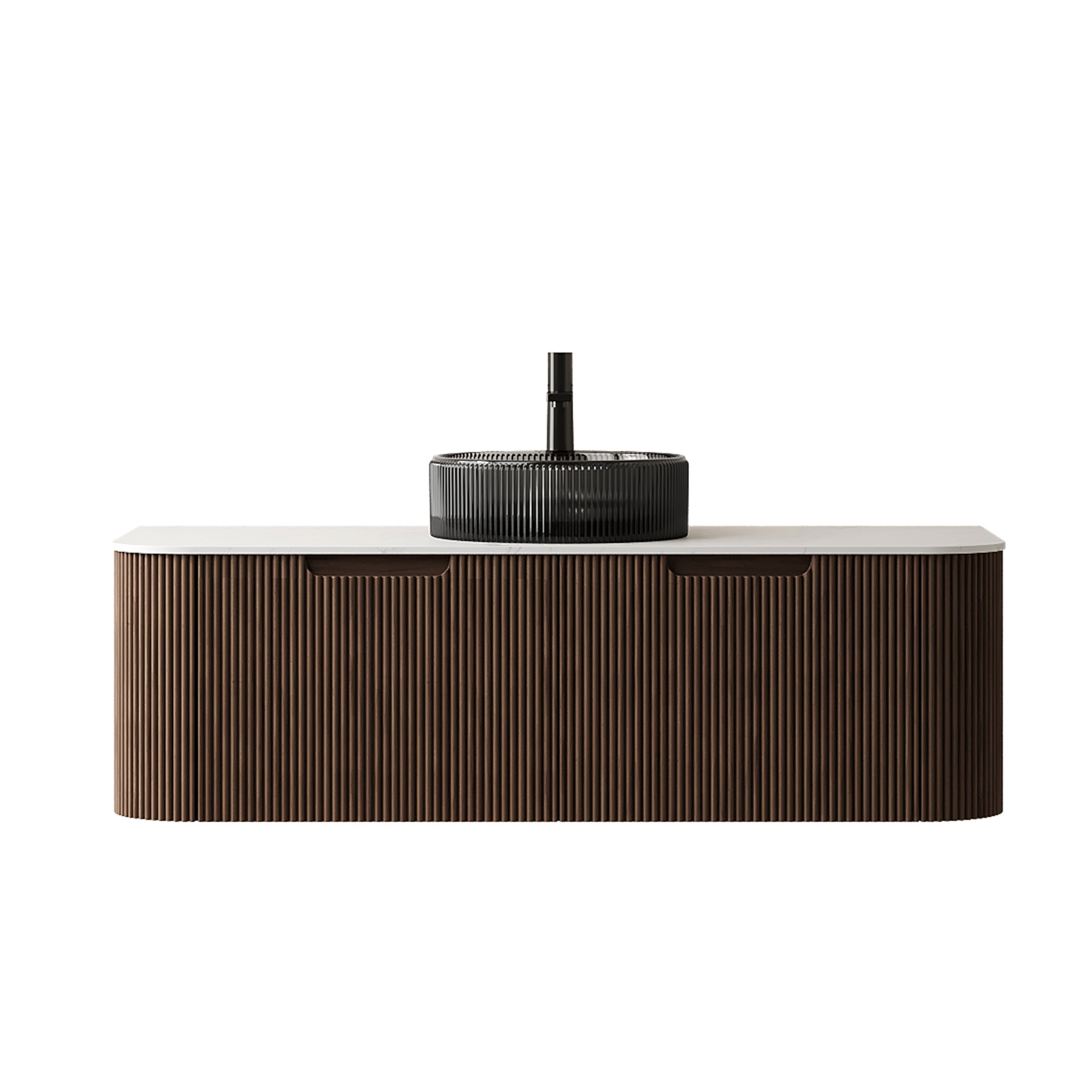 Dina wall-mounted bathroom vanity in dark walnut woodgrain with sleek modern design and storage drawers by Anthony & Home