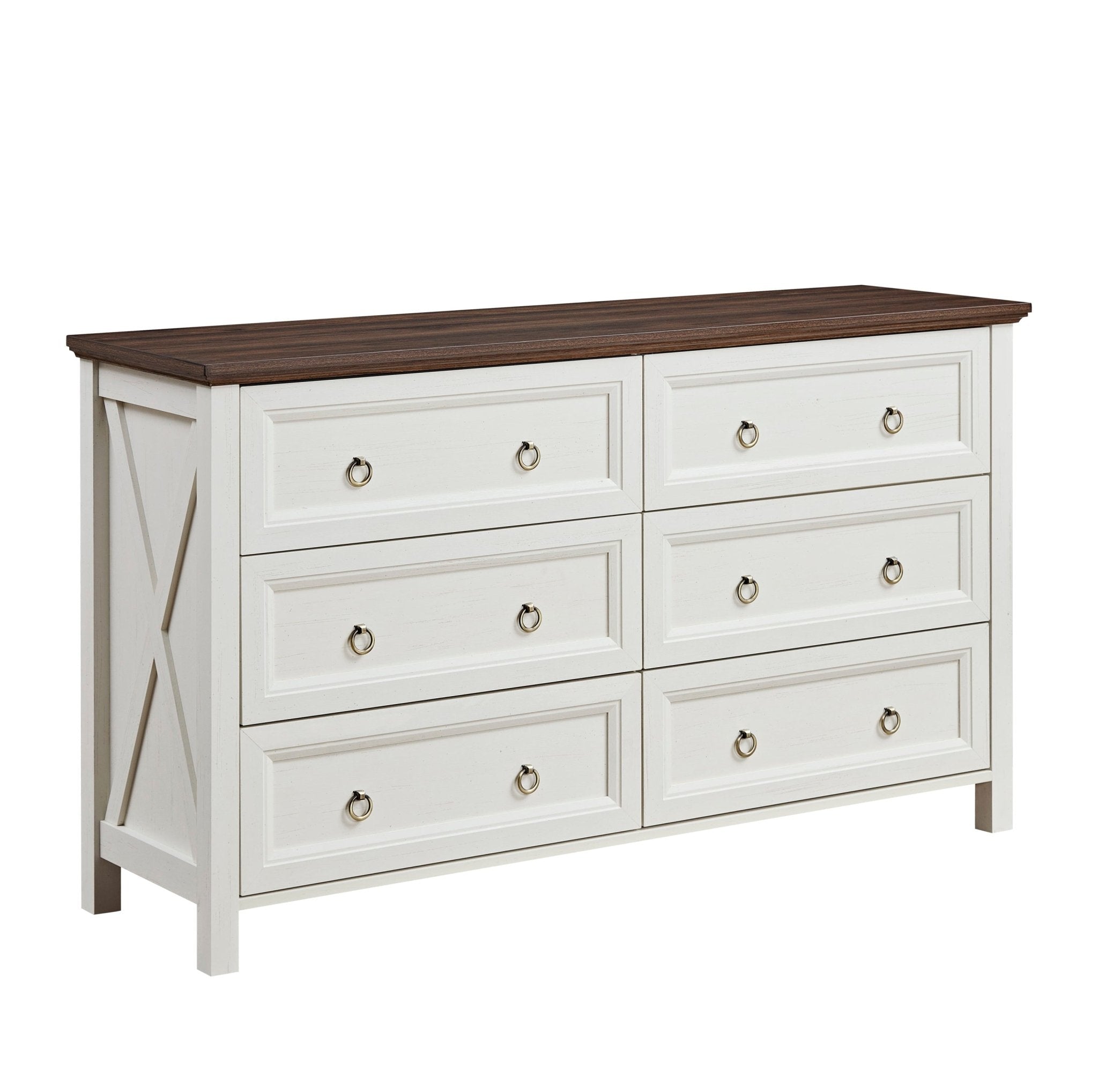 Walnut finish farmhouse six-drawer dresser by Anthony & Home with rustic style for bedroom or living room storage