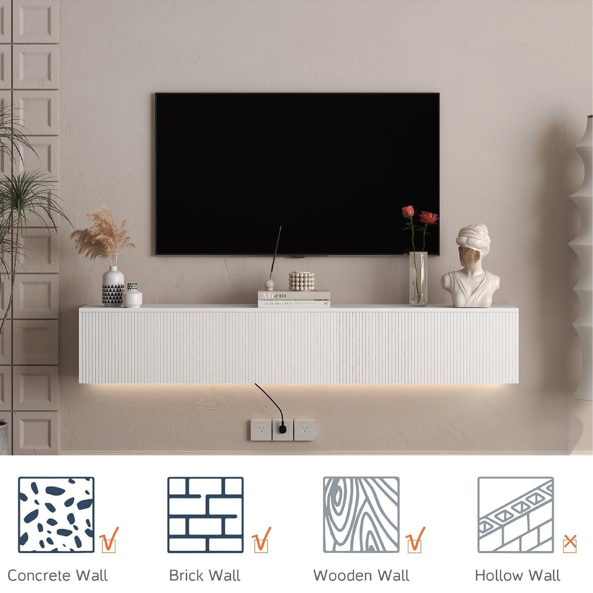 Floating White TV Stand Wall Mount With 16 Color LEDs