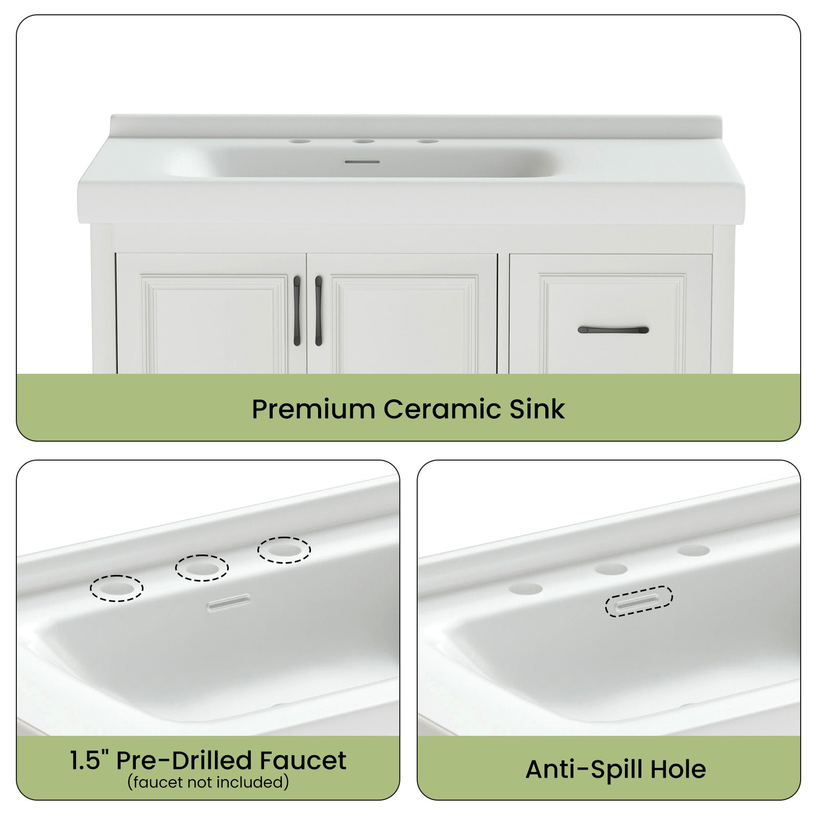 White rectangular 36-inch porcelain bathroom sink with modern design, countertop installation, by Anthony & Home.