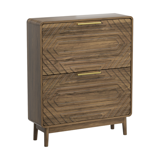 Walnut mid-century studio shoe cabinet by Anthony & Home with two flip-top drawers and sleek modern design