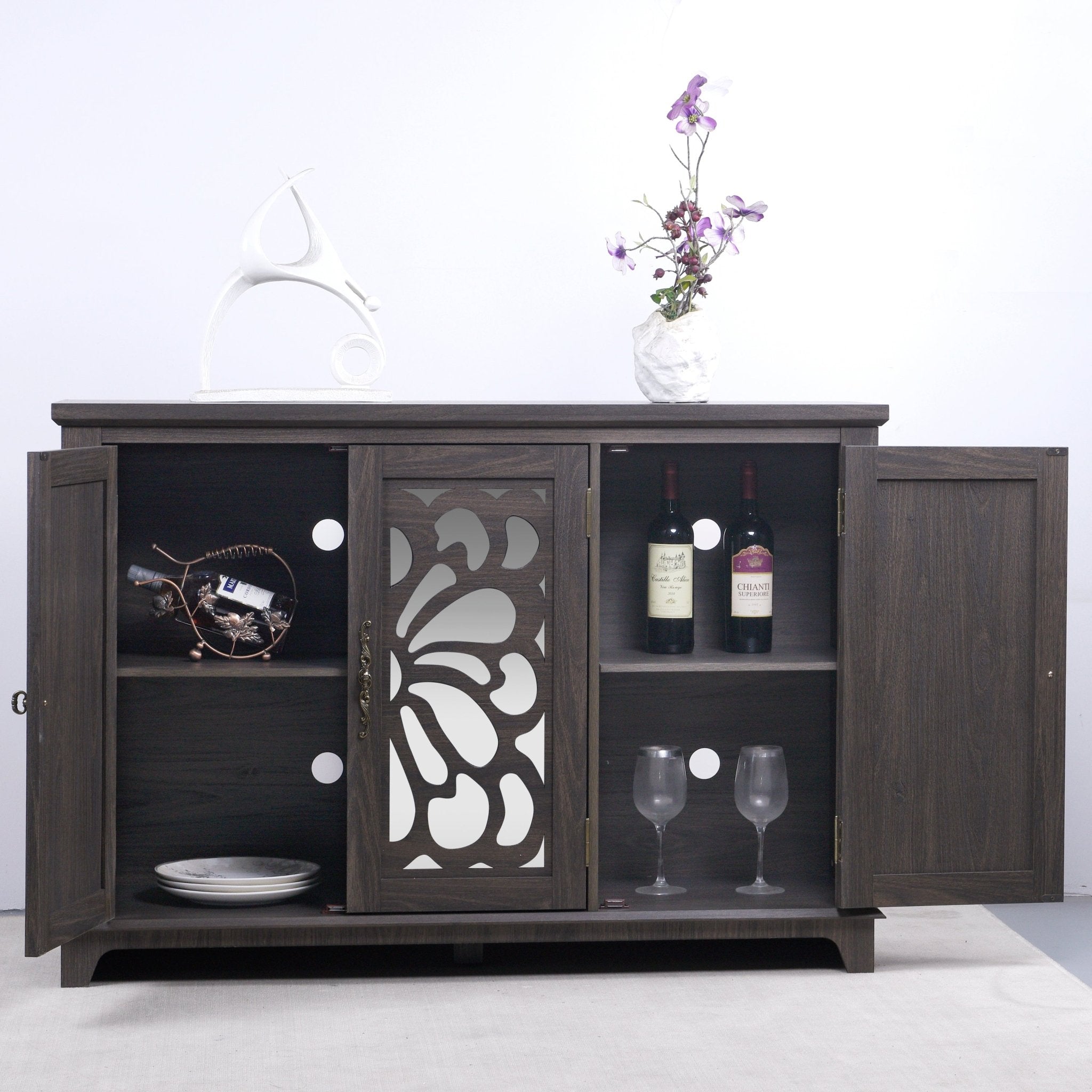 Heritage walnut sideboard by Anthony & Home with mirrored doors and adjustable shelves, measuring 49.3 x 15.6 inches.