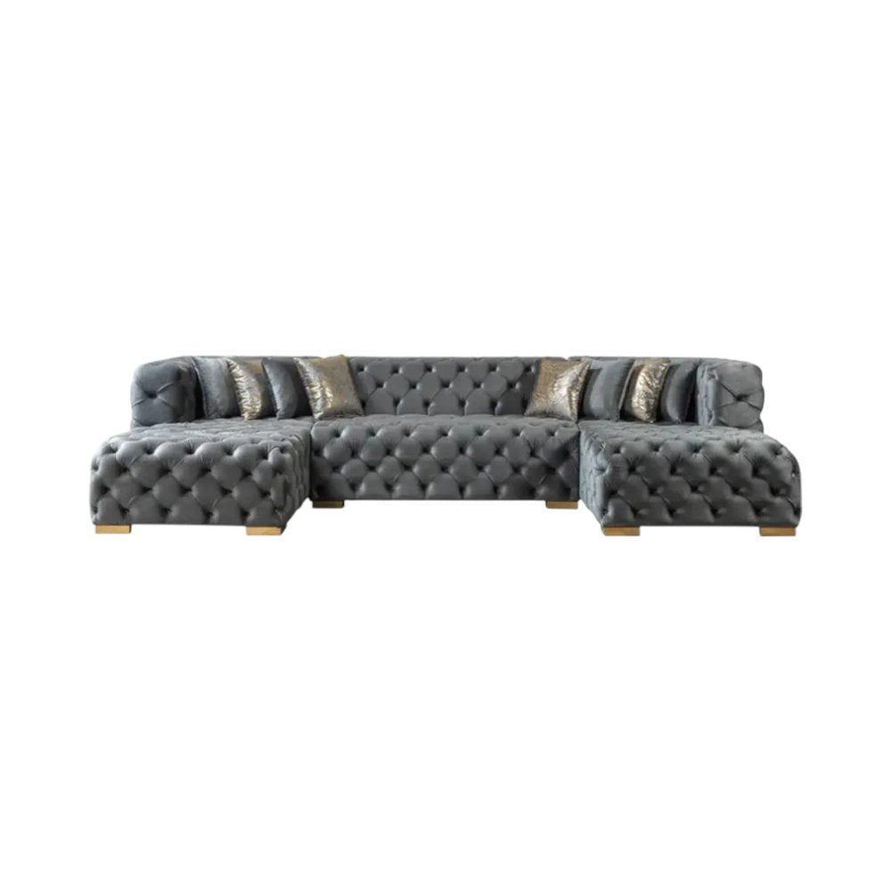 Tufted Gray Velvet Modular U Shaped Sofa and Chaise Sectional With Toss Pillows