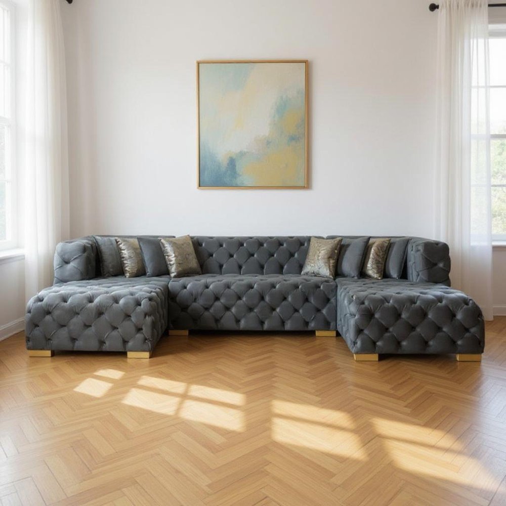 Tufted Gray Velvet Modular U Shaped Sofa and Chaise Sectional With Toss Pillows