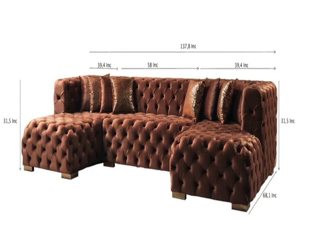 Tufted Orange Velvet Modular U Shaped Sofa and Chaise Sectional With Toss Pillows