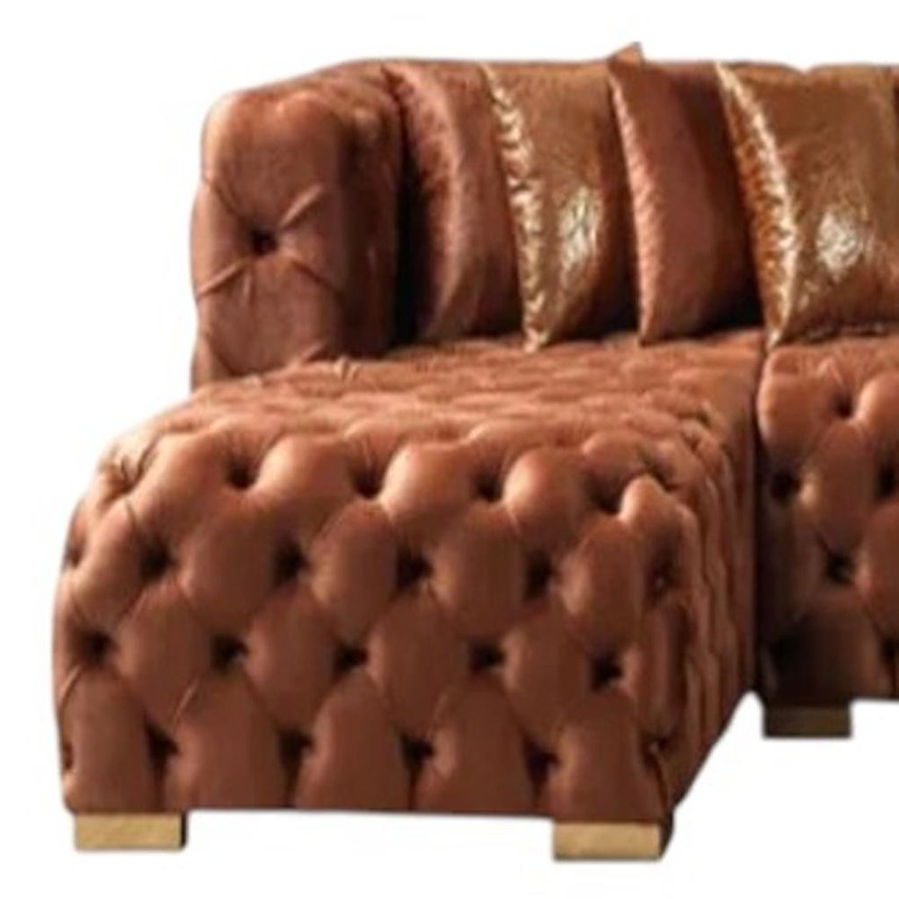 Tufted Orange Velvet Modular U Shaped Sofa and Chaise Sectional With Toss Pillows