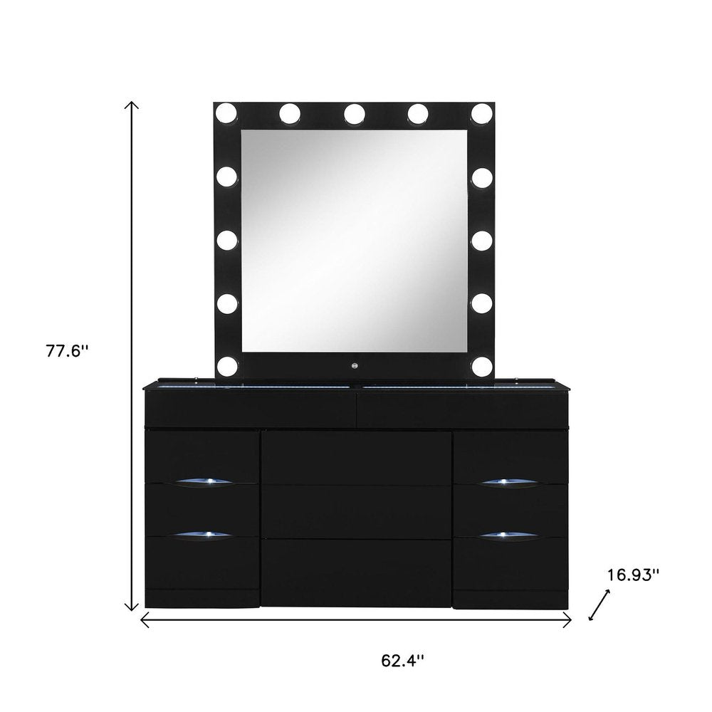 62" Black Wood And Glass Six Drawer Vanity Table With Mirror Seating And Lights