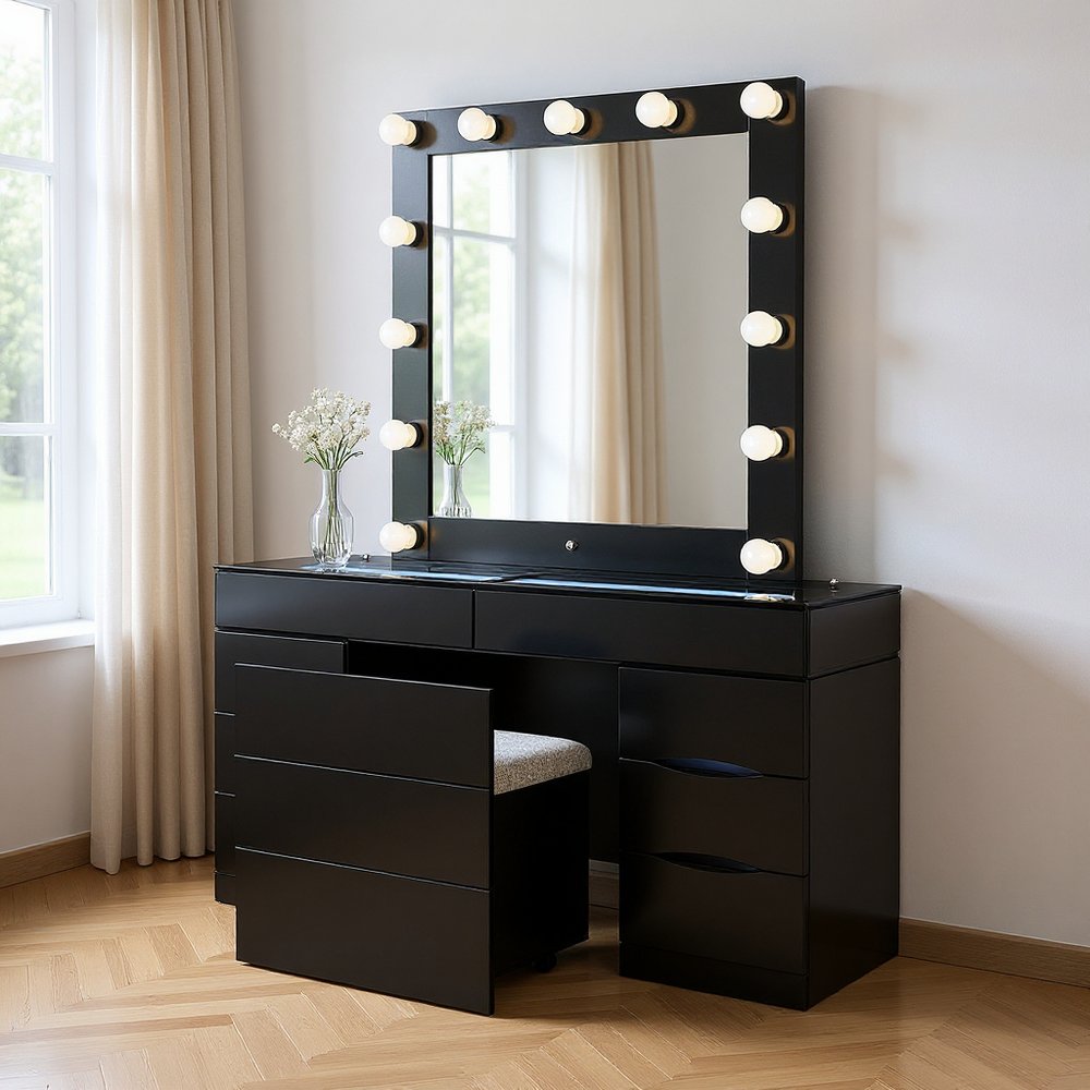 62" Black Wood And Glass Six Drawer Vanity Table With Mirror Seating And Lights