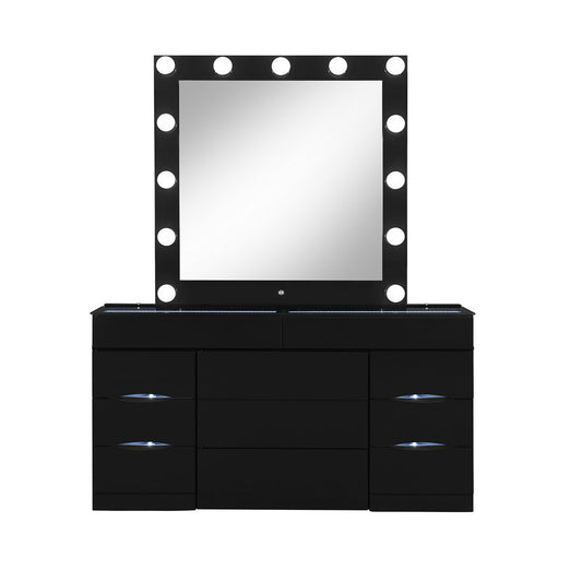 62" Black Wood And Glass Six Drawer Vanity Table With Mirror Seating And Lights - Anthony & Home